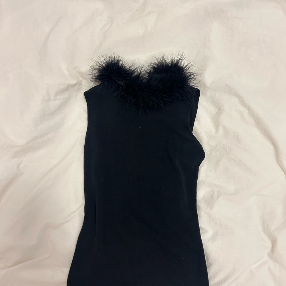 Black furry feather mockneck top